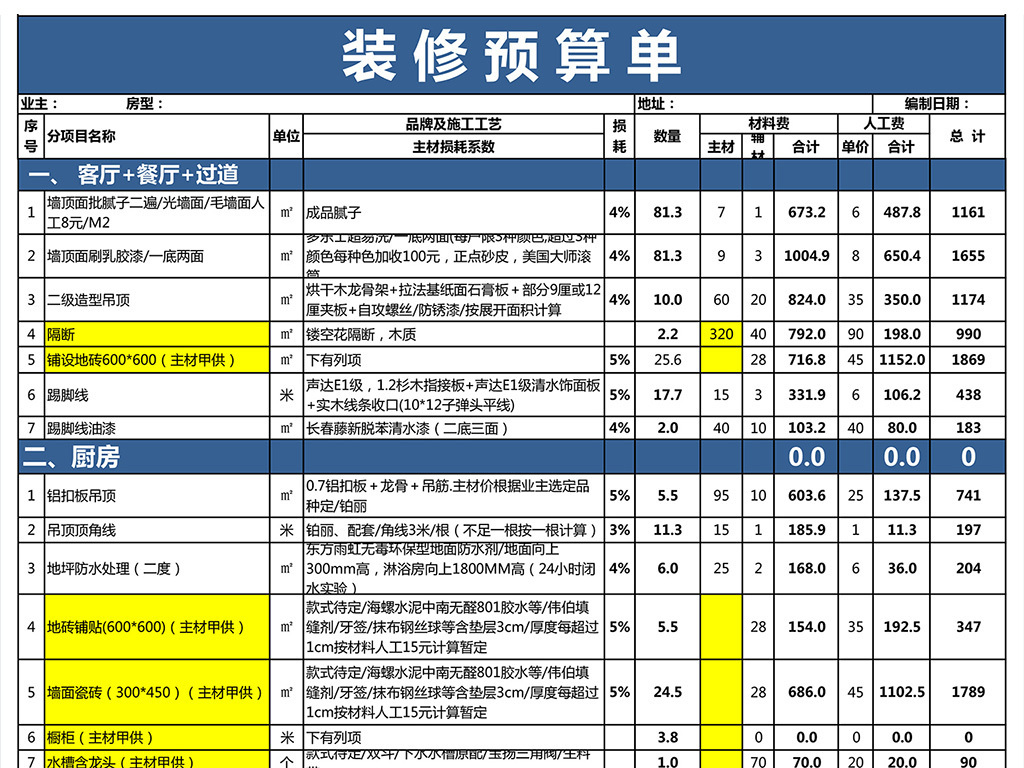 杭州装修报价表