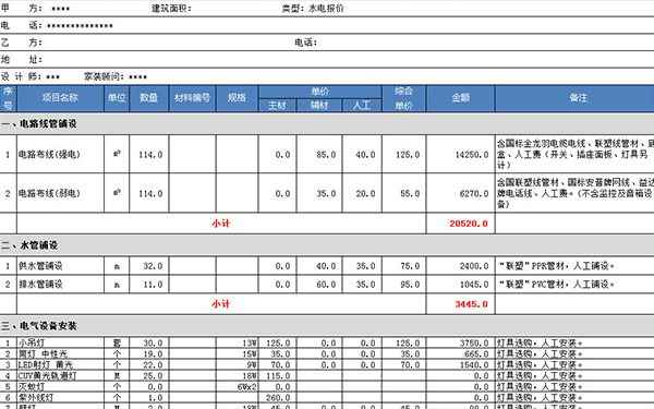 水电装修报价单